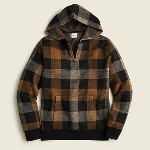Knit for J. Crew Merino 100% Wool Plaid Hoodie in Brown and Black